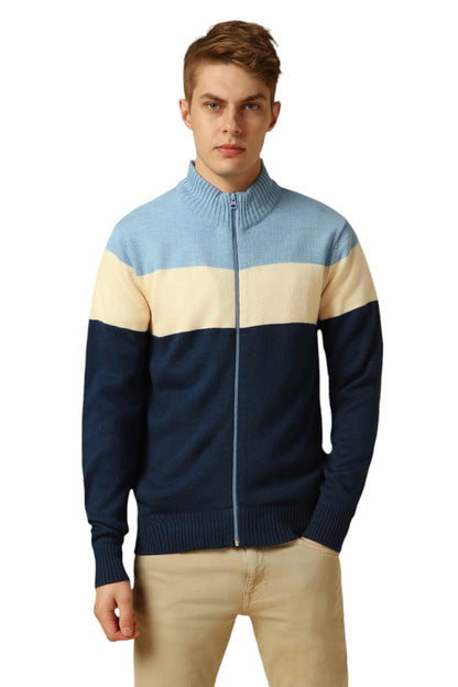 Dennis Lingo Men Grey Colorblock Slim Fit Full Sleeve Mock Collar Pullover Sweater