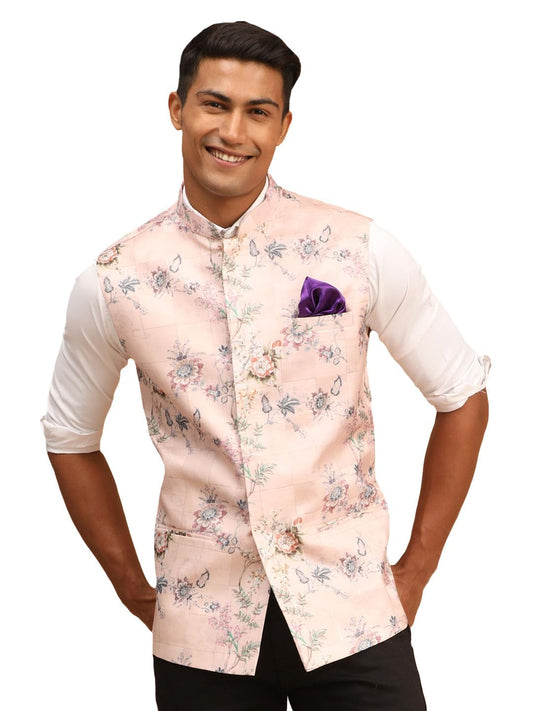 VASTRAMAY Mens Multicolor-Base-Peach - Nehru Jacket
