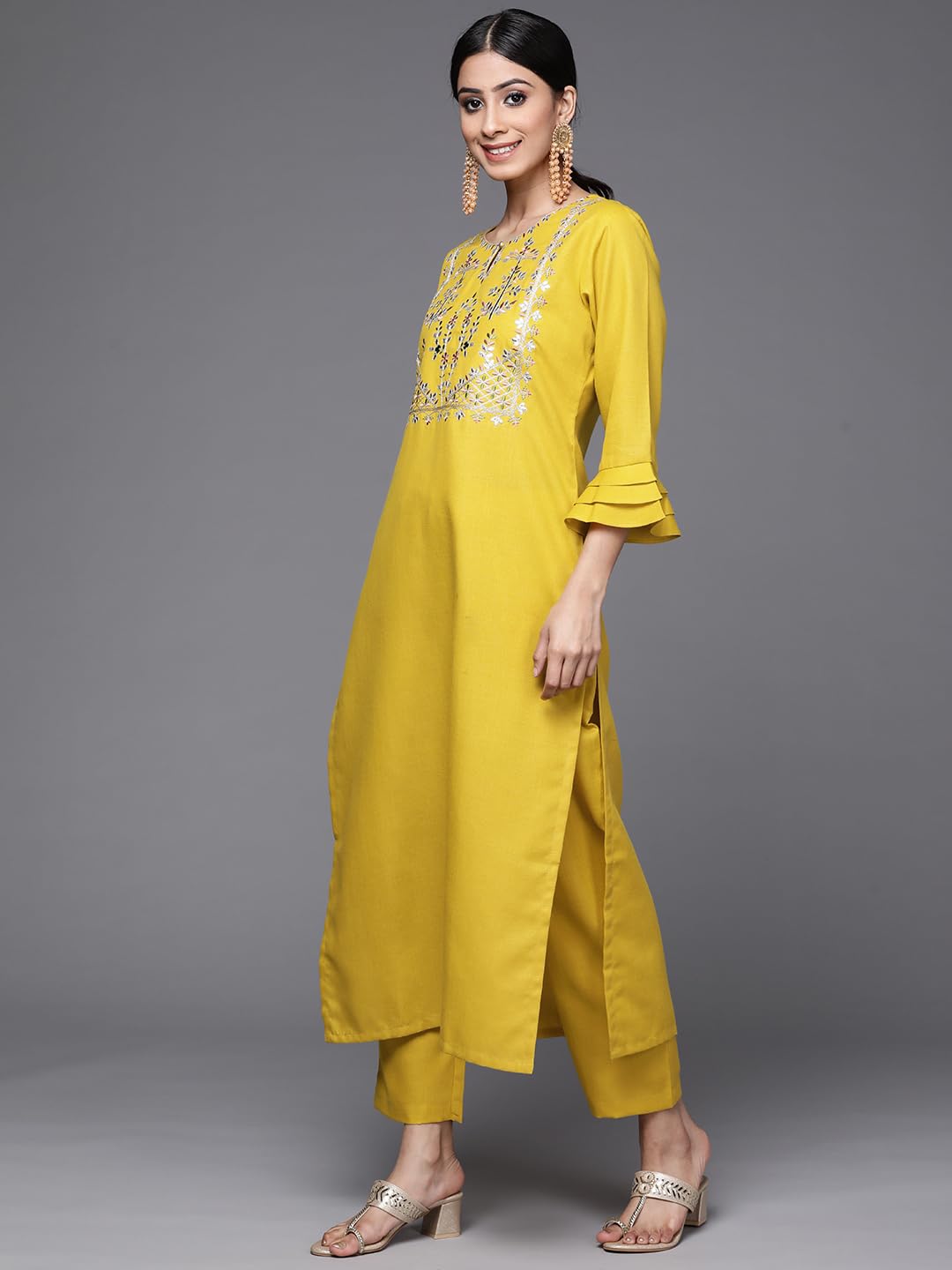 Varanga Women Yellow Yoke Design Kurta With Trousers And Dupatta Set  Embroidered Straight Kurta With Round Collar, Three-Quarte