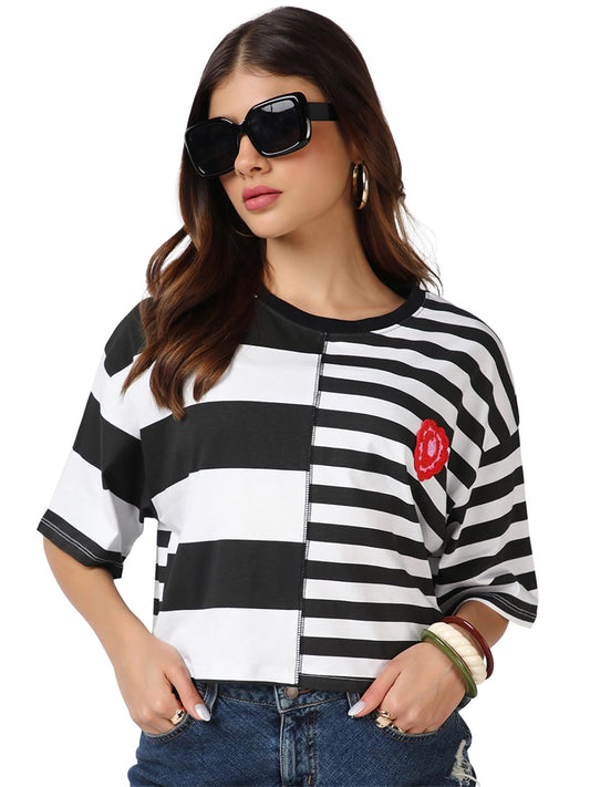 Bewakoof WomenS Striped Oversized Fit Half Sleeve Round Neck Cotton T-Shirt_683811_White_L