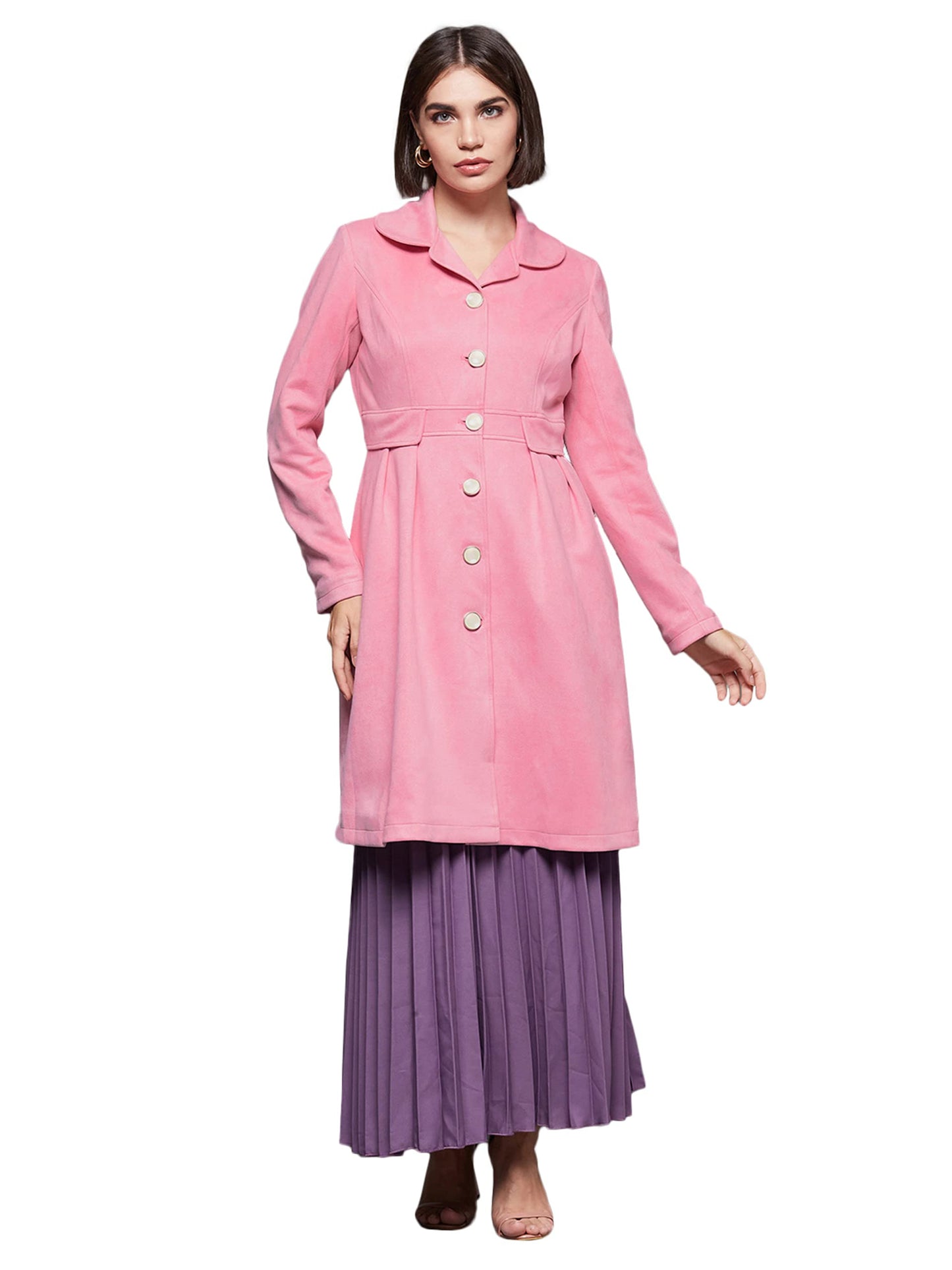 Miss Chase WomenS Light Pink Notch Full-Sleeve Solid Longline Flared Knee-Long Polyester Jacket (Mcaw22Jkt03-55-157-05, Light P