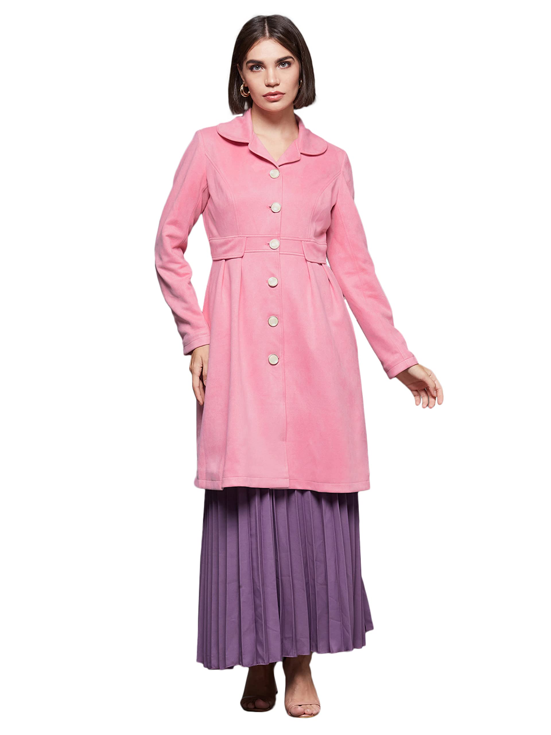 Miss Chase WomenS Light Pink Notch Full-Sleeve Solid Longline Flared Knee-Long Polyester Jacket (Mcaw22Jkt03-55-157-05, Light P