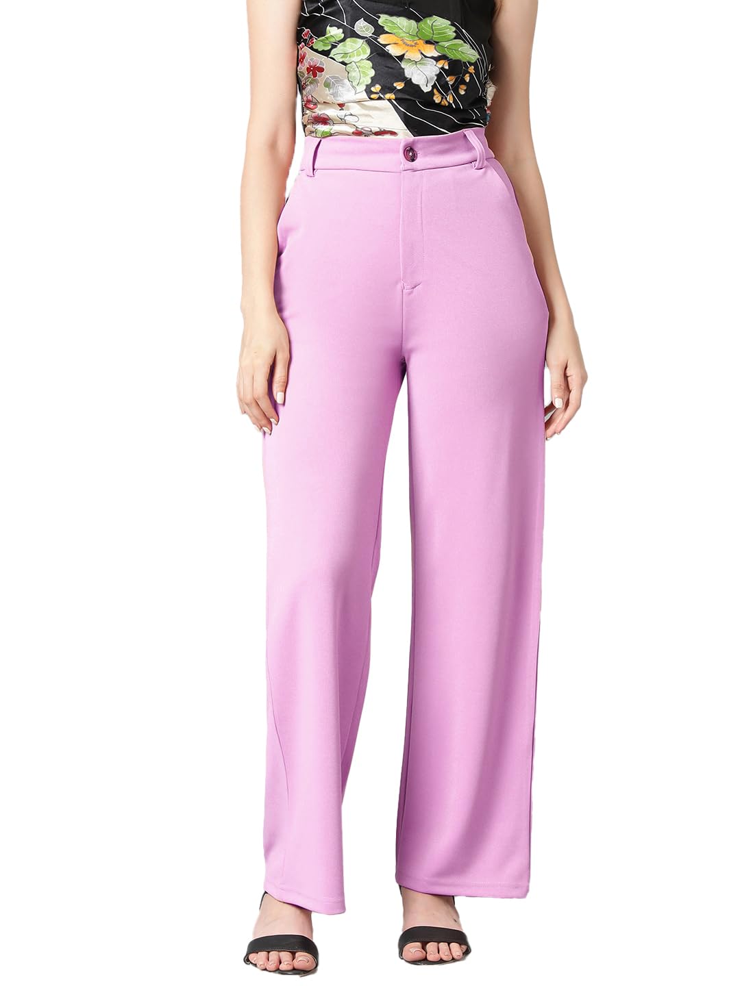KOTTY Womens High Rise Cotton Blend Relaxed Fit Trousers Lavender Purple