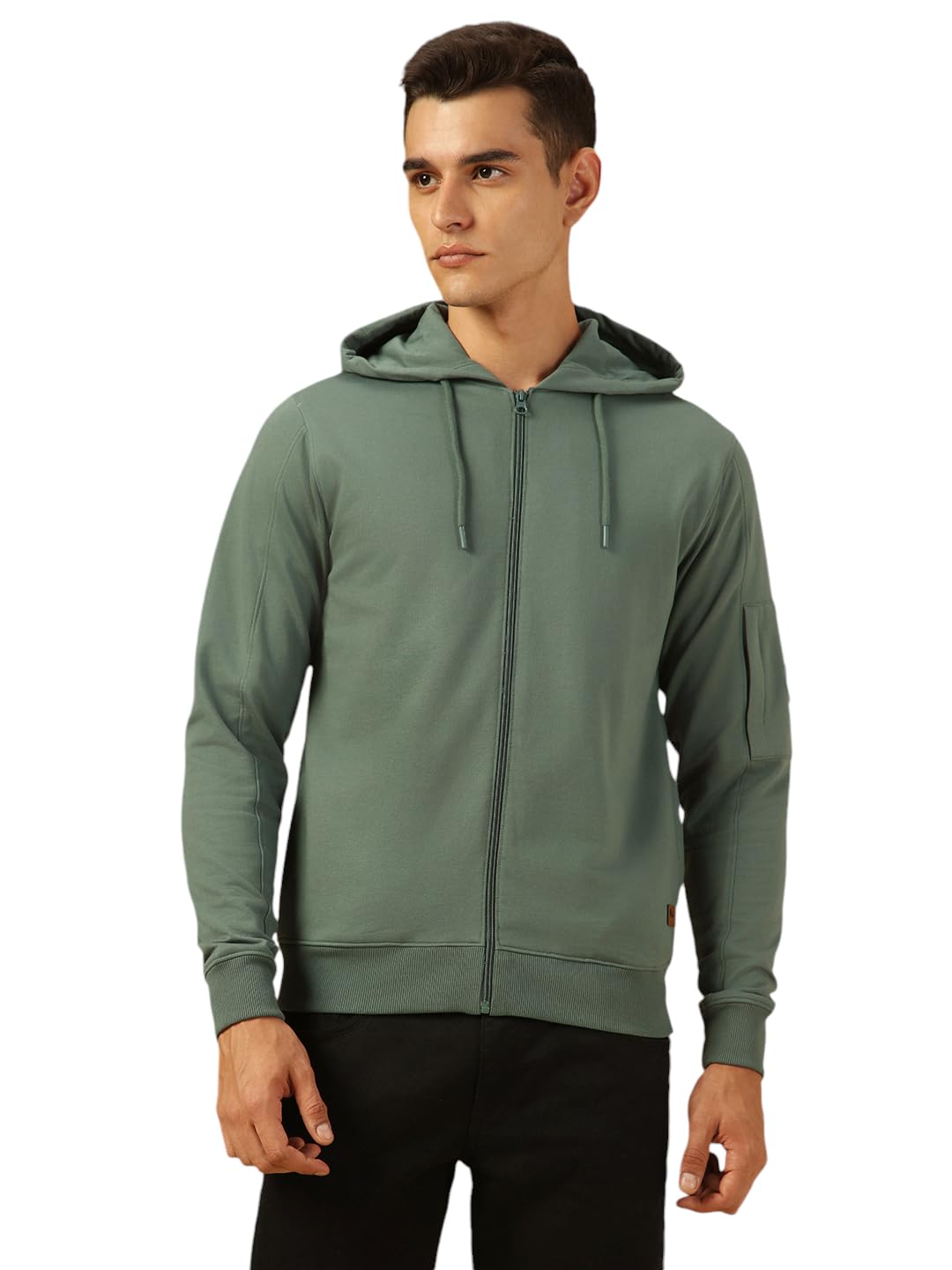 Dennis Lingo Men Regular Fit Cotton Solid Full Sleeves Hooded Front Open Sweatshirt Olive