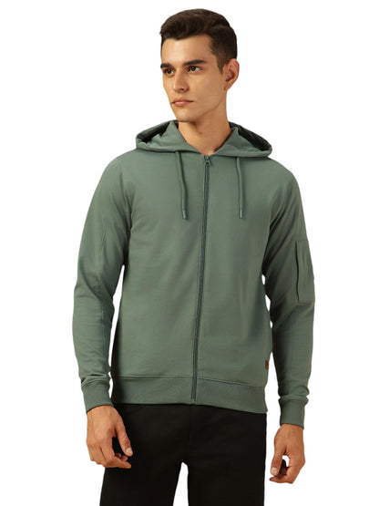Dennis Lingo Men Regular Fit Cotton Solid Full Sleeves Hooded Front Open Sweatshirt Olive