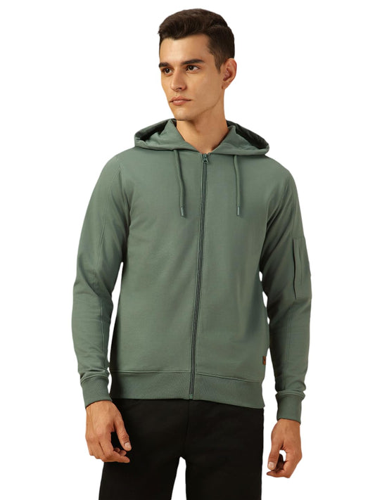 Dennis Lingo Men Regular Fit Cotton Solid Full Sleeves Hooded Front Open Sweatshirt Olive