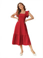 Shasmi GirlS & WomenS Solid Red Color Square Neck, Ruffle-Trimmed Hem Sleeveless, Ruffle Armhole And Casual Dress With Cinched