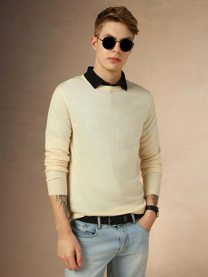 Dennis Lingo Men Off White Solid Slim Fit Full Sleeve Crew Pullover Sweater