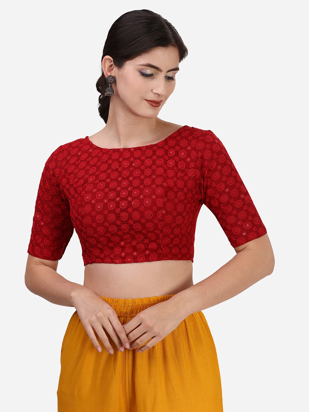 Oomph! Traditional Cotton Schiffli Fabric Blouse For Women |Elbow Length Sleeves | Wedding & Festival Wear | Comfortable & Trend