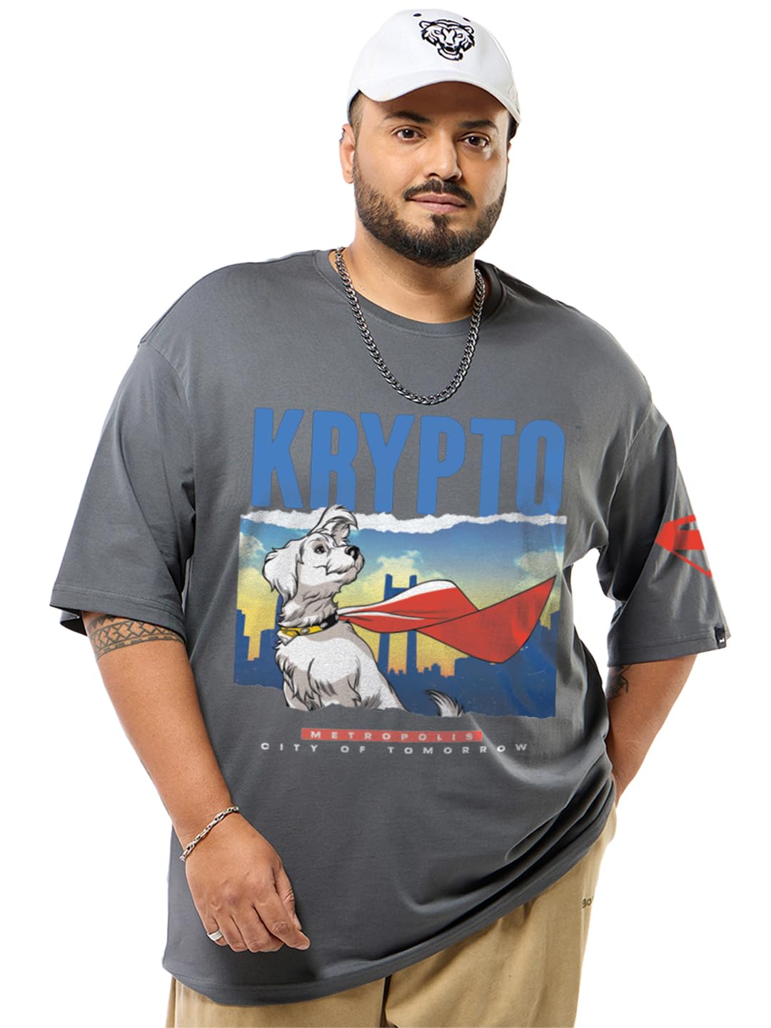 Bewakoof Official DC Merchandise Krypto Mens Graphic Print Oversized Fit Half Sleeve Round Neck Pure Cotton Plus Size T-Shirt_6