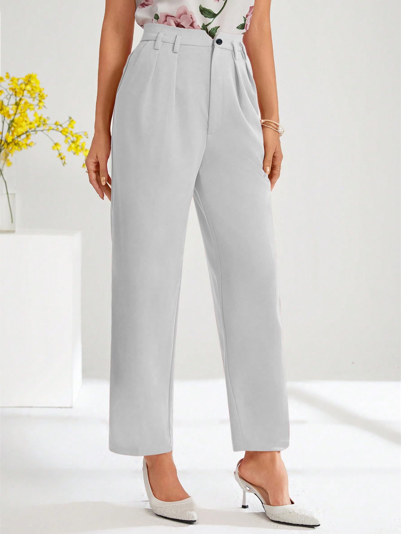 Shasmi Womens White High Waist Pleated Straight Leg Trousers  Elegant Solid Color Work Pants with Pockets, Casual Office Wear Po