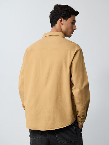 The Souled Store Cotton Linen: Chasing Sunset Men and Boys Long Sleeves Collared Neck Button Front Beige Embroidered Regular Fit