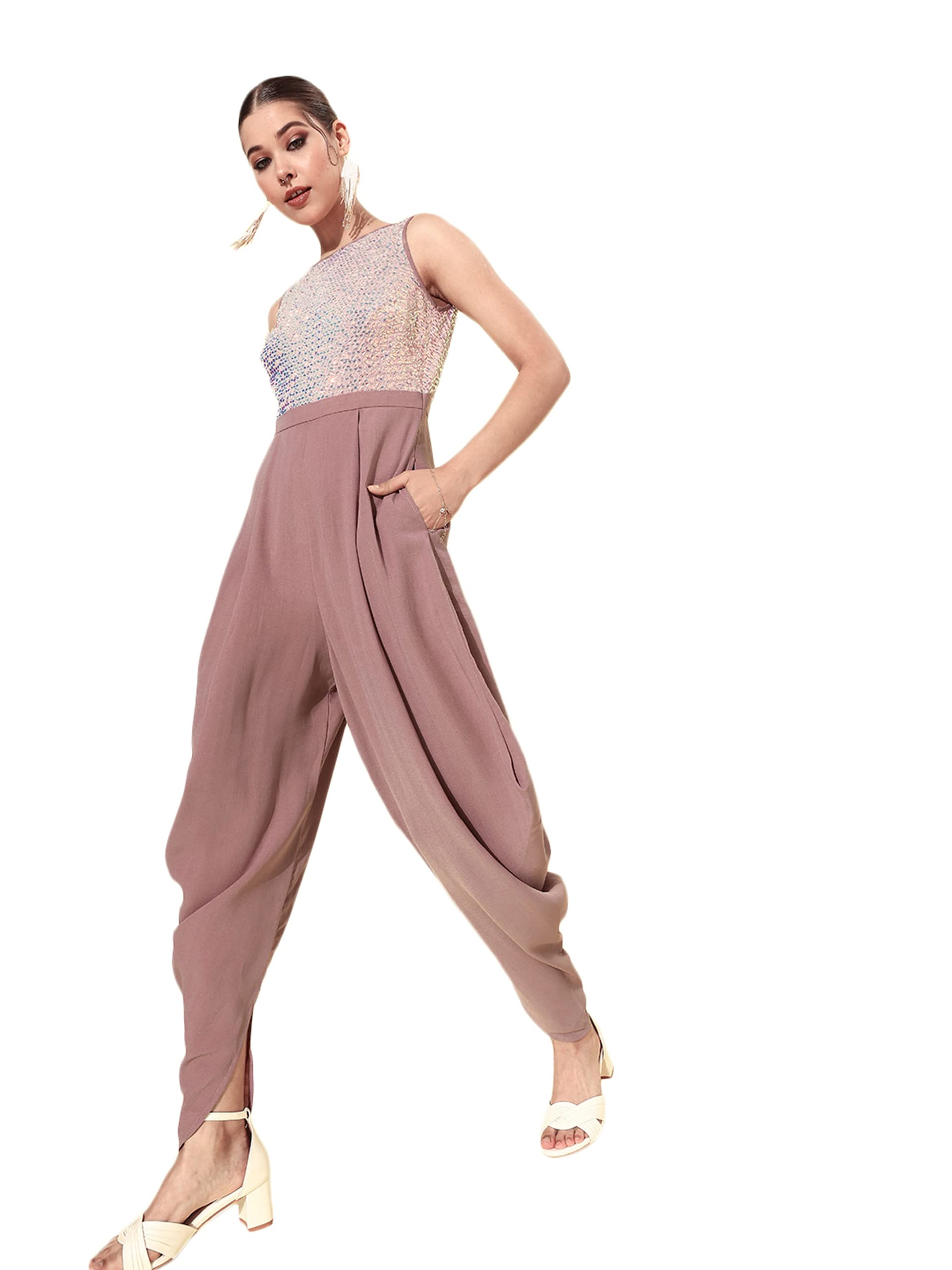 Miss Chase Womens Dusty Lavender Round Neck Sleeveless Embellished Regular Jumpsuit (MCSS22D15-36-261-03, Dusty Lavender, S)