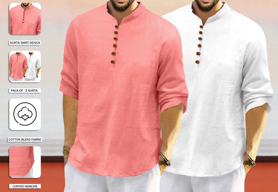 Royalscout MenS Cotton Polyester Blend Solid Regular Fit Full Sleeve Short Kurta | Ethnic, Lightweight Summer Kurta For Daily &