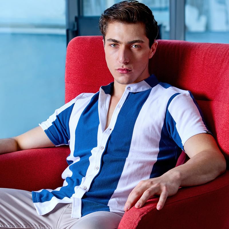 Campus Sutra Mens Chalk White & Royal Blue Balanced Striped Shirt for Casual Wear | Mandarin Collar | Short Sleeve | Button Clo