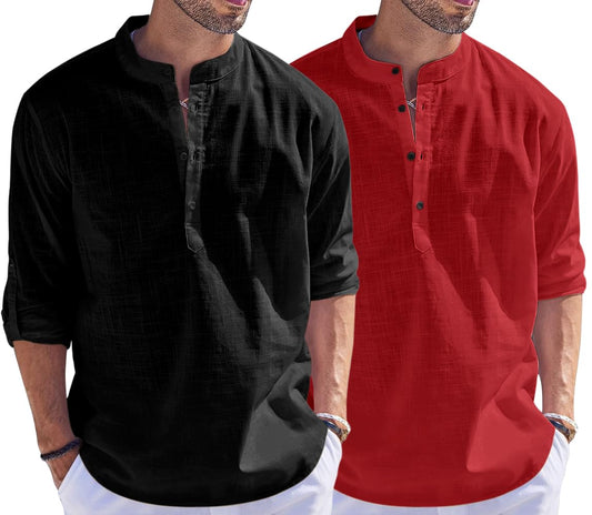 Hemrin Combo Of Men Solid Cotton Blend Straight Kurta Shirt Pack Of 2