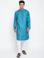 Fabindia Men Viscose Silk Slim Fit Printed Long Kurta Turquoise_XS