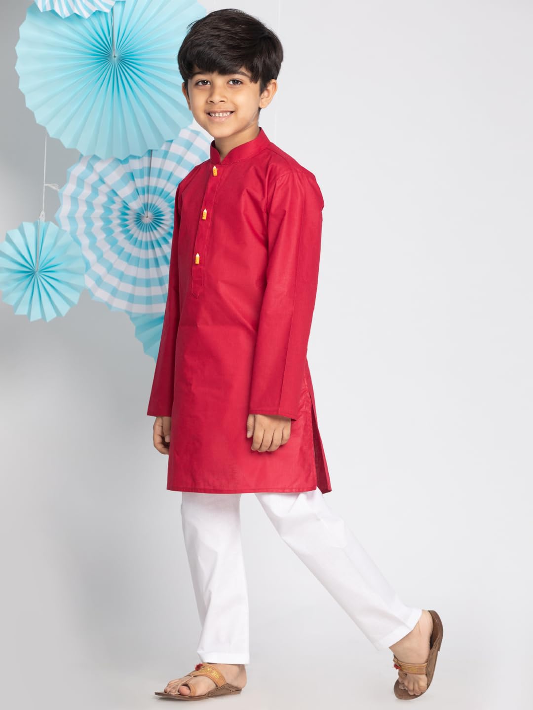 Jbn Creation Boys Maroon Cotton Blend Kurta Pyjama And Cap Set