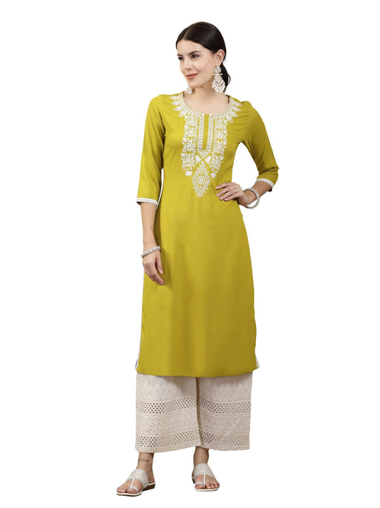 Stylum Women's Rayon Regular Fit Solid & Embroidered Straight Chicken Kurta (CORNERICA_)