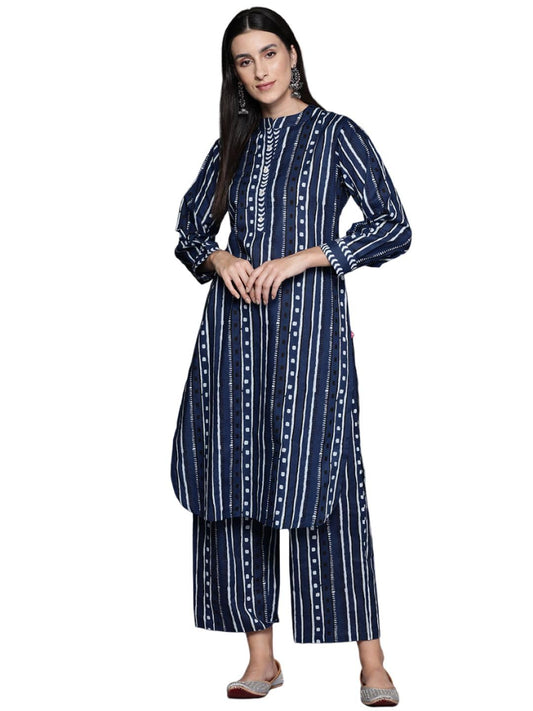 Varanga Women Navy Blue Printed Mandarin Collar with Placket Straight Kurta with Side Slits Paired with Tonal Printed Bottom.