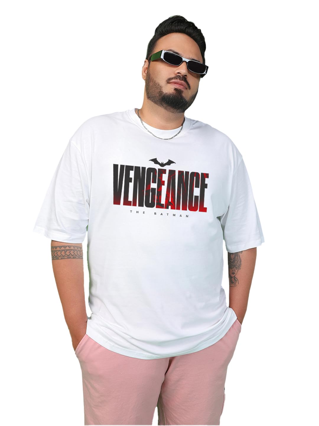 Bewakoof Official DC Merchandise Vengeance Mens Graphic Printed Oversized Fit Half Sleeve Round Neck Cotton Plus Size T-Shirt_6