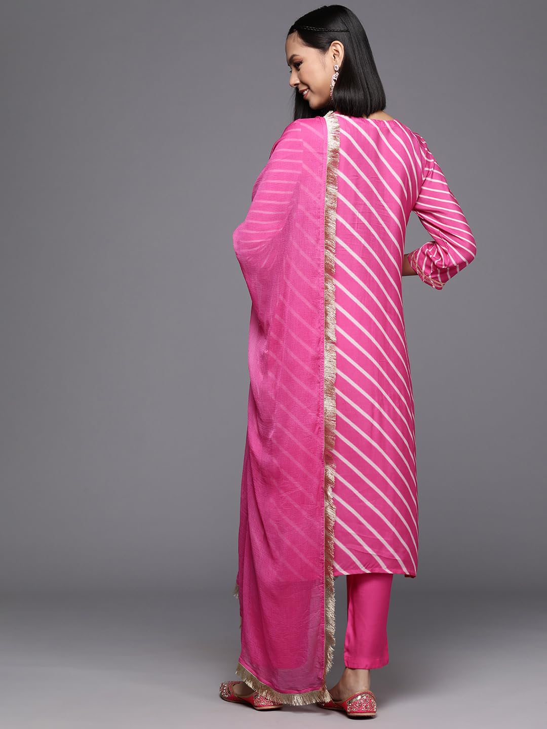 Varanga Women Pink Pure Fabric, Lehariya Embroidered Straight Kurta Paired With Tonal Bottom And Dupatta