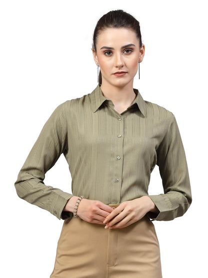 Style Quotient Women Olive Self Design Polyester Formal Shirt