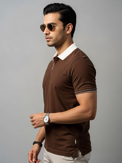 Mens Premium Cotton Polo T-Shirt | 220 GSM Soft Fabric | Casual Stylish Look | Zipper Polo Design Brown Polo T Shirt | Polo Tshi