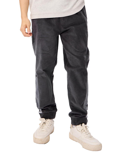 The Souled Store Corduroy Joggers: Charcoal Men and Boys Elasticated Toggles Leg Closure Beige Printed Cotton Blend Baggy Fit Ov