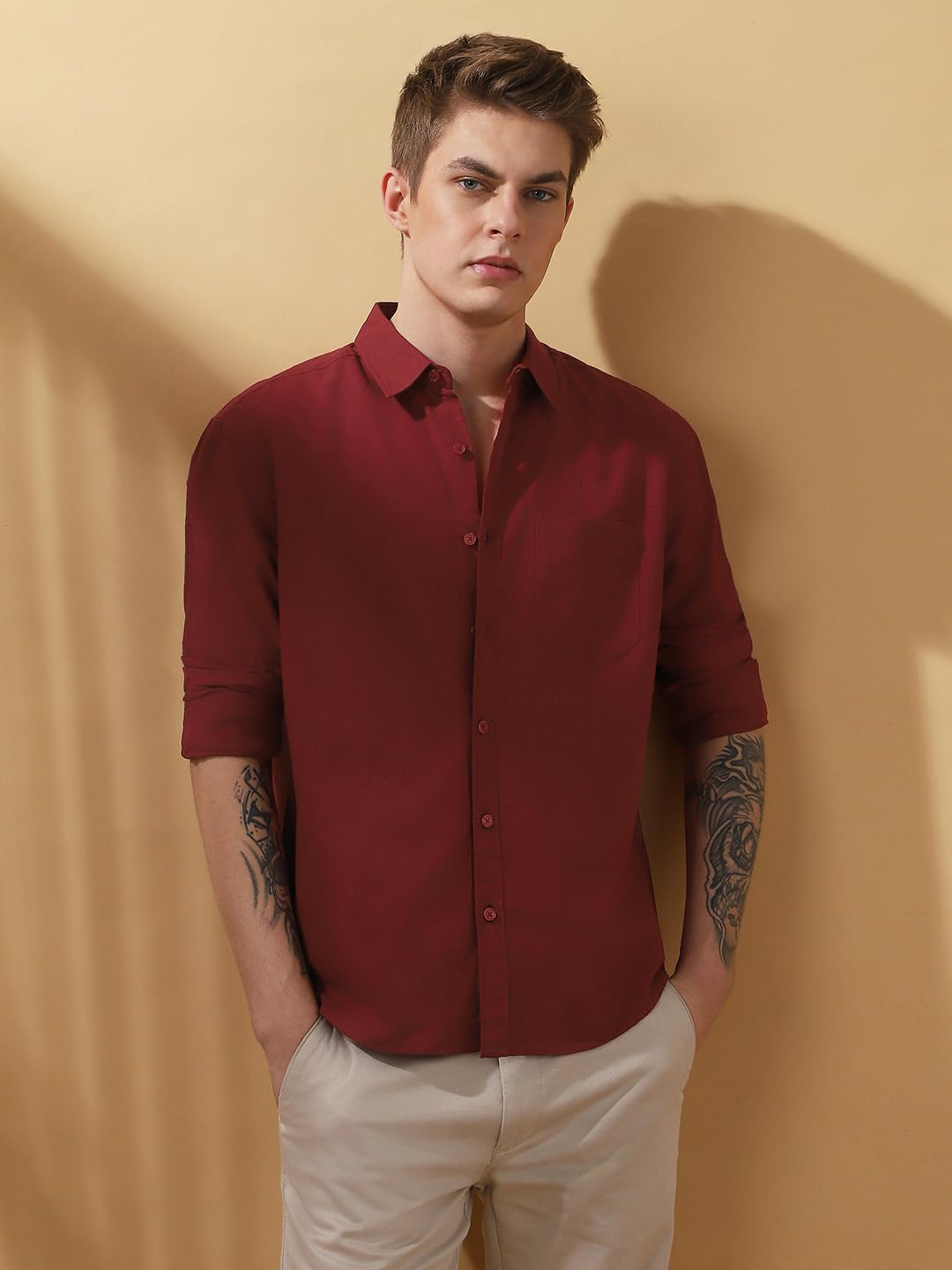 Dennis Lingo Men Regular Fit Maroon Full Sleeves Cotton Casual Shirt