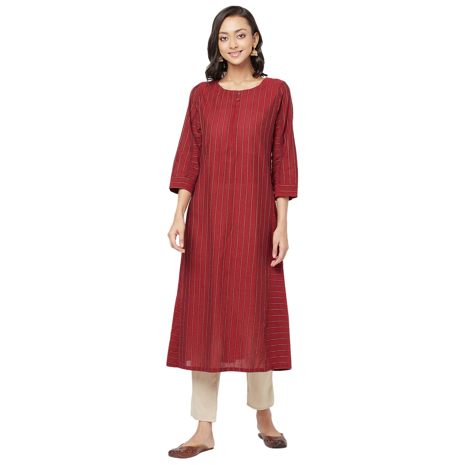 Fabindia Women Dobby Slim Fit Long Kurta Cotton_M Red