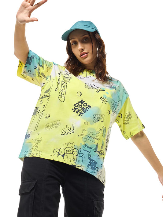 Bewakoof Womens All Over Printed Oversized Fit Half Sleeve Round Neck Cotton Jersey T-Shirt_627770_Yellow_2XL
