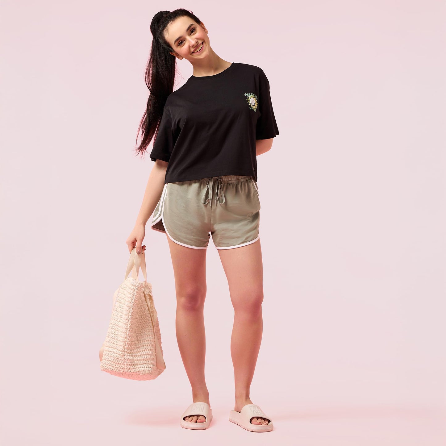Enamor Womens Graphic Oversized Fit T-Shirt (E3G5_Jet Black Magical
