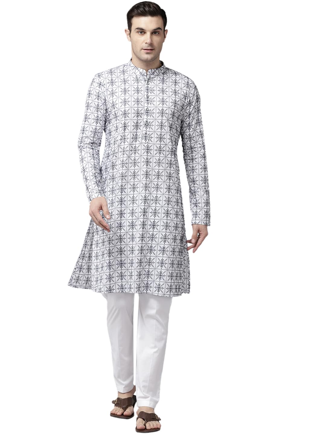 See Designs Men Mandarin Collar Off White & Blue Pure Cotton Embroidered Staright Full Sleeve Kurta With Pajama - Sd2Mekt_127001