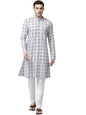 See Designs Men Mandarin Collar Off White & Blue Pure Cotton Embroidered Staright Full Sleeve Kurta With Pajama - Sd2Mekt_127001