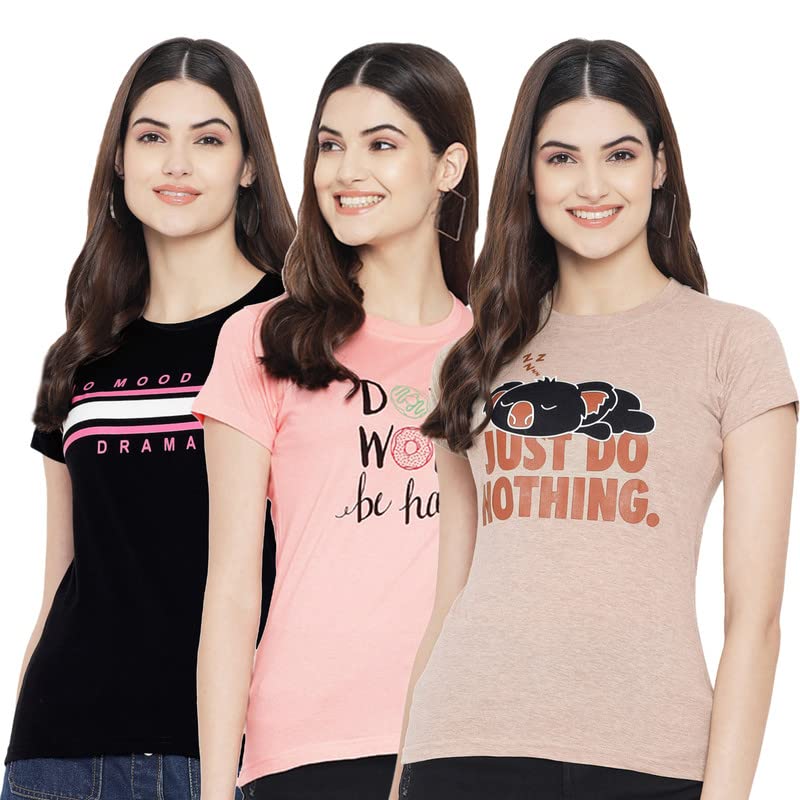Preneum Womens Cotton Regular Fit Latest Graphic Stylish Printed Short Sleeves Casual T-Shirt || Latest Trendy & Styling (Pack