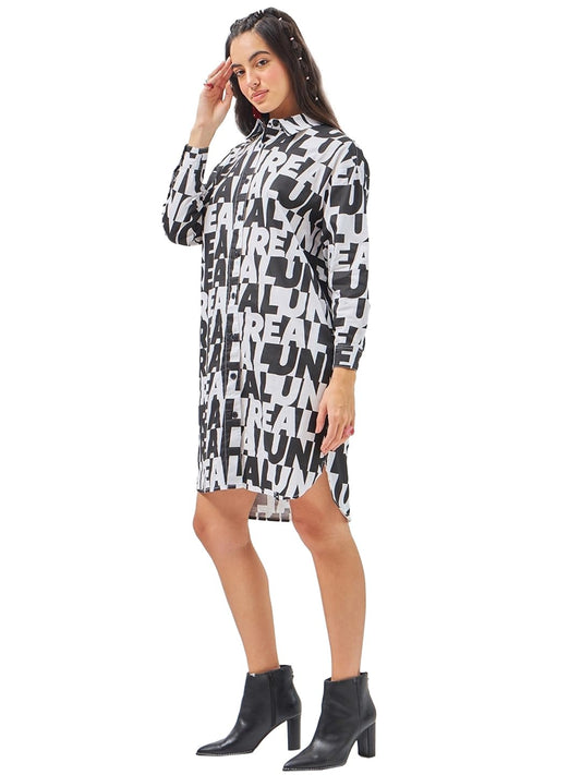 Bewakoof WomenS All Over Printed Oversized Fit Full Sleeve Collared Cotton Twill Dress 603366 White L