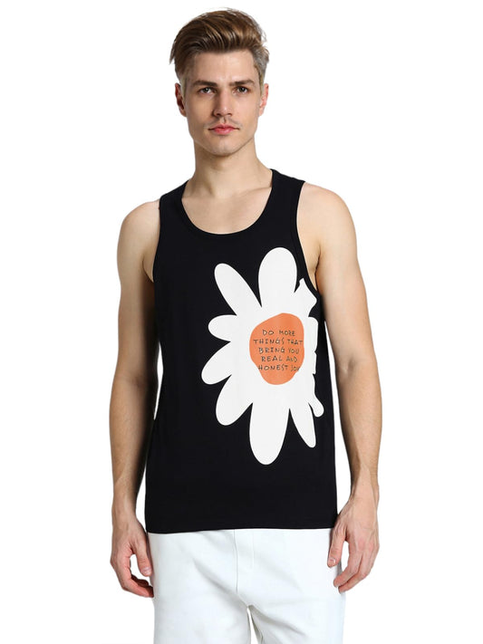 Veirdo Mens Cotton Sleeveless Regular Fit Front Flower Print Placement Scoop Neck Vest