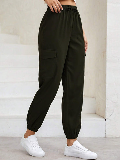 TAGAS Womens Solid Flap Pocket Side Drawstring Waist Cargo Pants || Cargo for Women