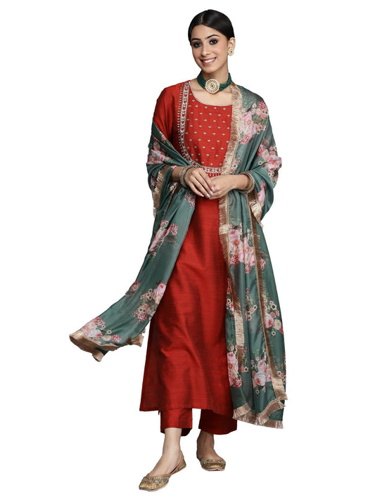 Varanga Women maroon & silver embroidered Straight Kurta with Solid Trouser and Printed Dupatta with fringes