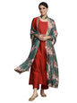 Varanga Women maroon & silver embroidered Straight Kurta with Solid Trouser and Printed Dupatta with fringes