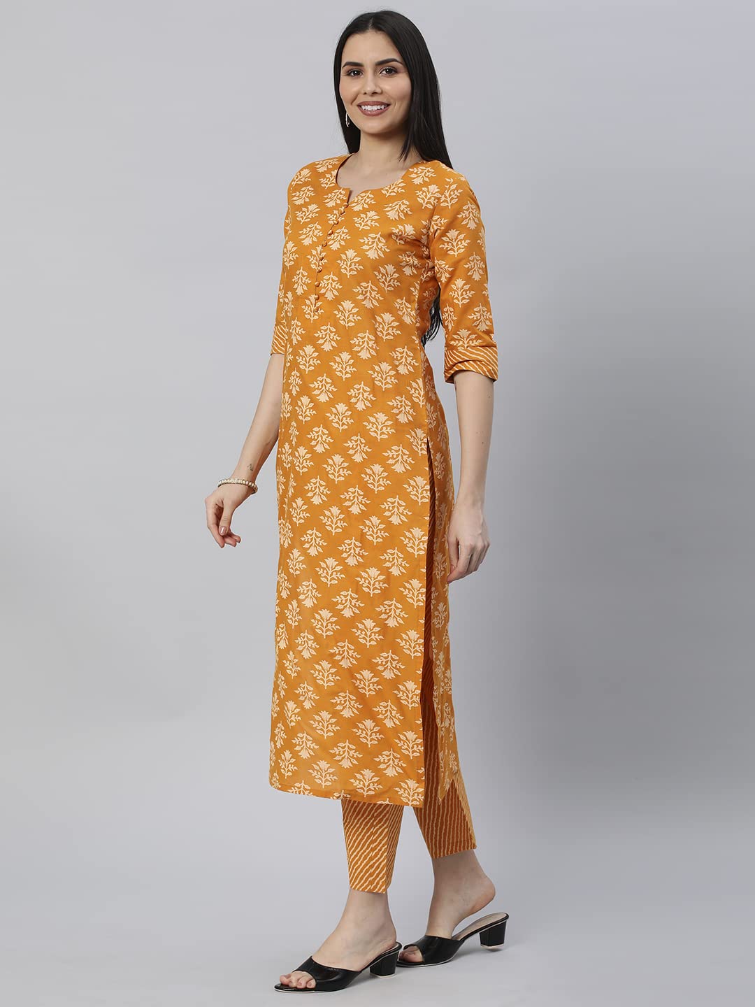 ANNI DESIGNER Women's Cotton Blend Straight Printed Kurta with Pant (Kidaya Yellow-Nw5_L_Yellow_Large)
