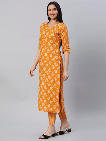 ANNI DESIGNER Women's Cotton Blend Straight Printed Kurta with Pant (Kidaya Yellow-Nw5_L_Yellow_Large)