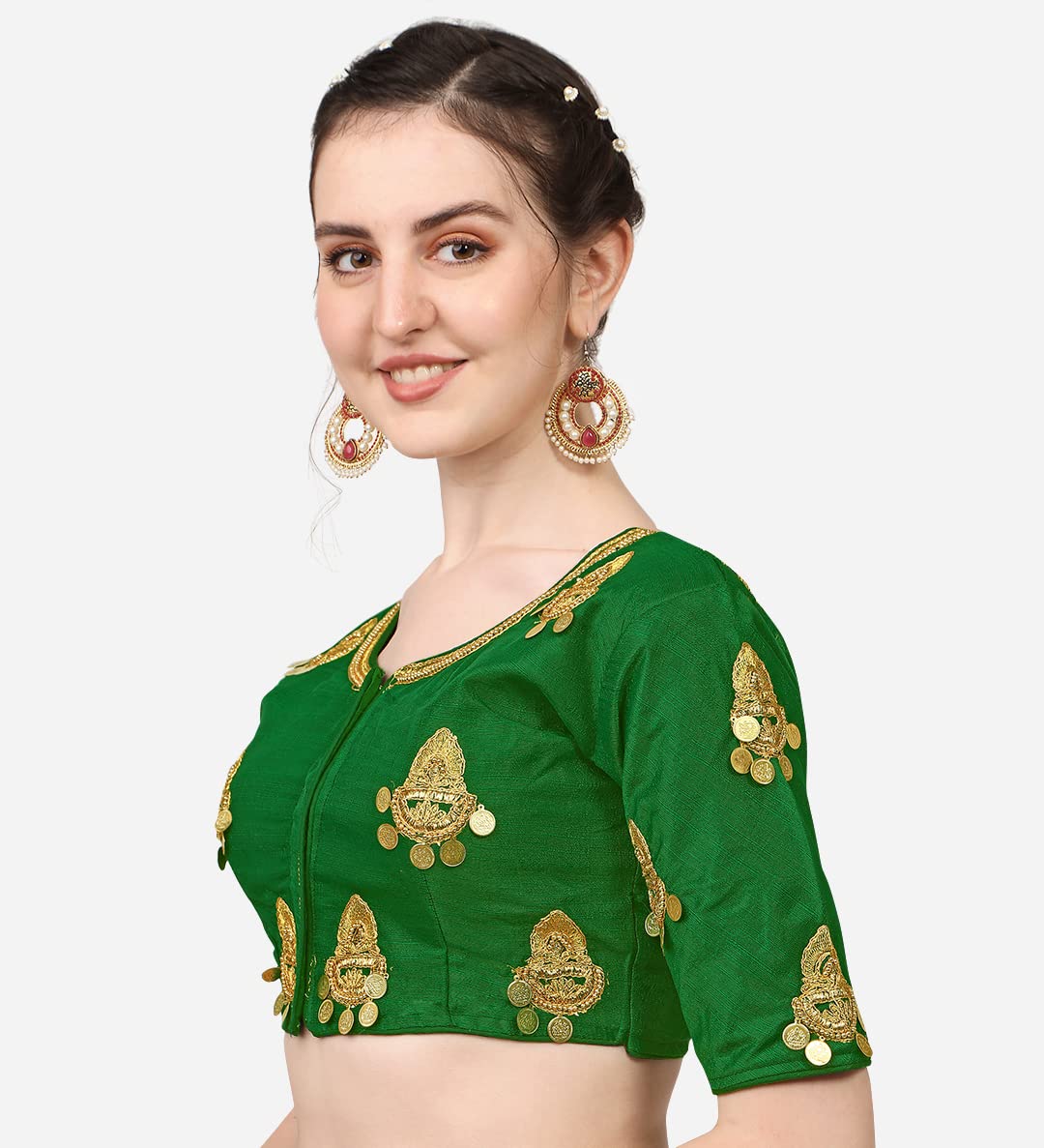 Pujia Mills WomenS Silk Embroidery Maggam Lakshmi Coin Work Readymade Saree Blouse