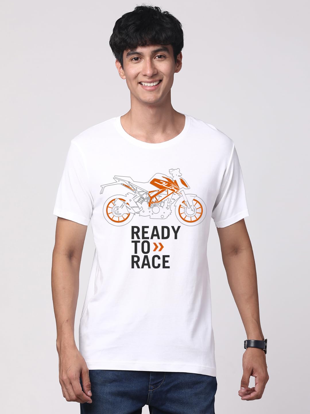 ADRO Men's Biker Design Printed 100% Cotton T-Shirt - Regular Fit, Printed T-Shirts for Men (RN24-KTM-WH_White)