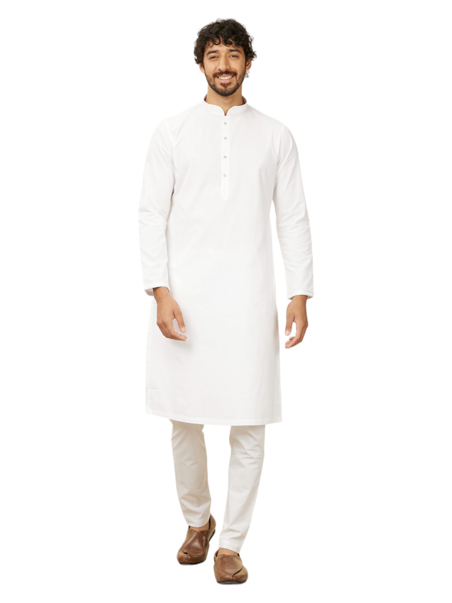 Manyavar White Cotton Embroidery|Jacquard Kurta Pyjama Set For Men