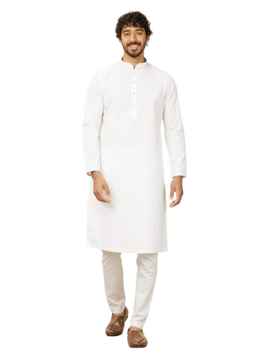 Manyavar White Cotton Embroidery|Jacquard Kurta Pyjama Set For Men