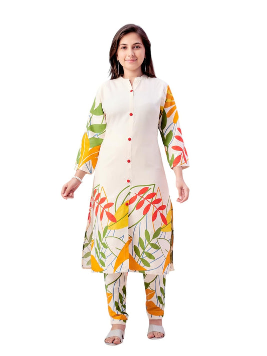 Aarika Girls Ethnic Wear Cream Colour Floral Print Khadi Cotton Kurti Pant Set-8-15 Years (Kp-Tr-K-977)