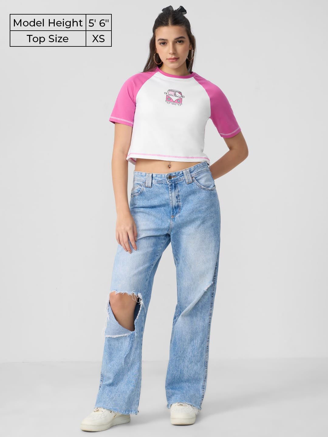 The Souled Store Hello Kitty: Trip Women and Girls Short Sleeves Round Neck White and Pink Graphic Printed Cotton Cropped Tops
