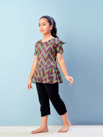 Aarika Girls Sports Wear Green-Black Colour Abstract Print Nylon Swim Suit (5-15 Years)-(SW-SHM-C-1117)